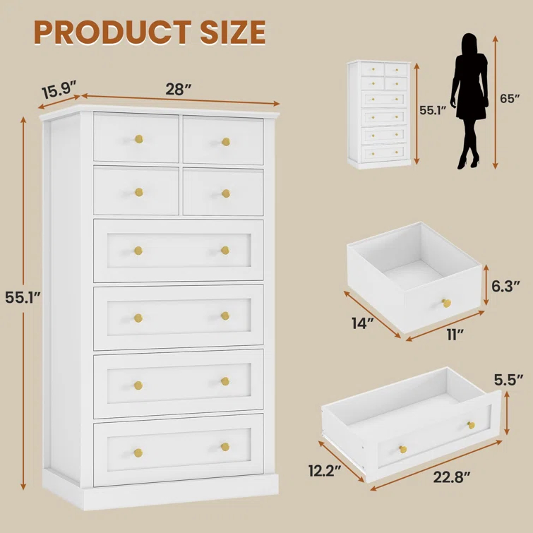 Winston Porter 8 Drawers Tall Dresser For Bedroom, Tall Dressers And Chest Of Drawers, Vertical Chest Of Drawers Dresser For Bedroom