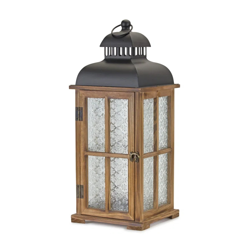 Set of Two Brown and Black Frosted Glass Wood and Metal Floor Lantern Candle Holders