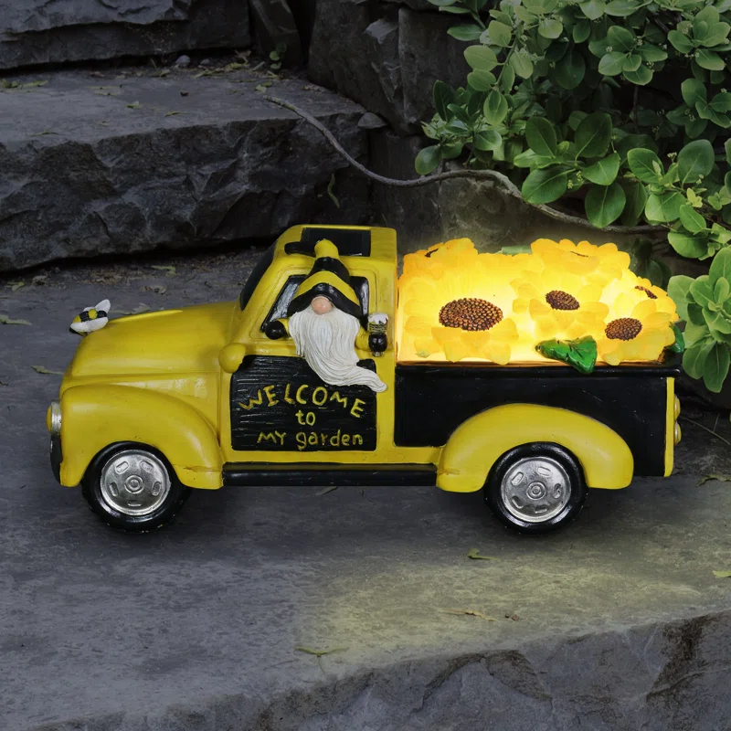 Exhart Exhart Solar Hand Painted Beekeeper Gnome in a Sunflower Truck Garden Statue, 11 by 5 Inches