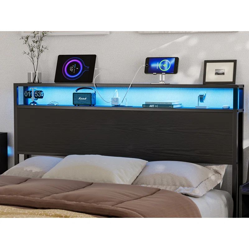 Ivy Bronx Kaiwei Storage Headboard With Led Lights & Charging Station - Industrial Metal And Wood