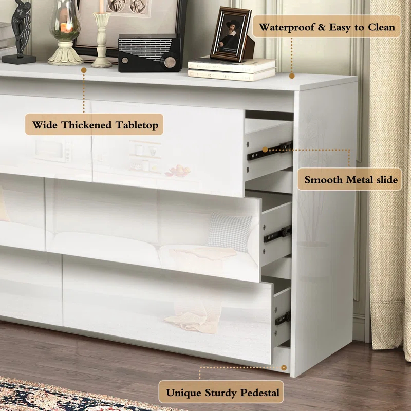 Ebern Designs White Dresser for Bedroom with 7 Drawers, Modern High Gloss Large Dresser with 7 Handle Free Drawers, 55 Inch Wooden Long Dresser, Storage Chest of Drawers