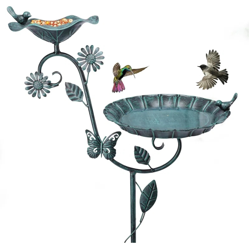 Ophelia & Co. Bird Baths And Feeder For Outdoors, 53 Inch Height Metal Birdbath Antique Garden Bird Feeder With Metal Stake For Garden Outside Yard Lawn Decorations, Green