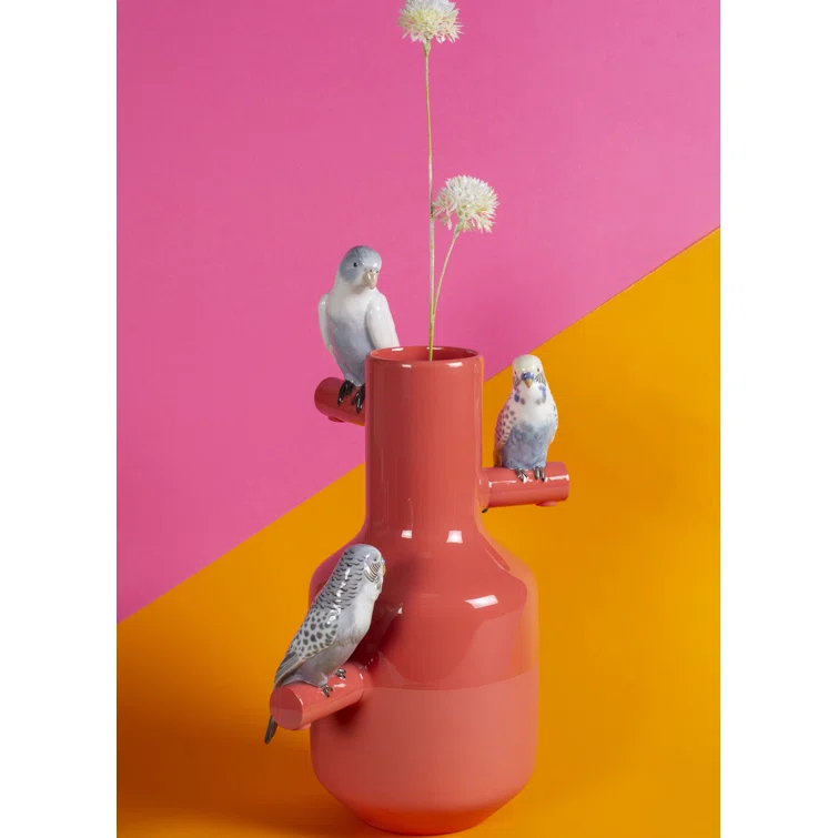 Lladro The Parrot Party 16.14" Coral/Blue Porcelain Table Vase
