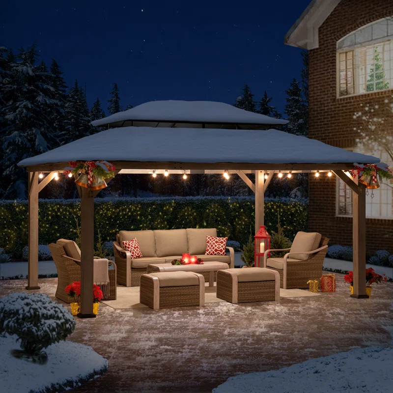 Sunjoy 12x16 ft. Wood Gazebo, Outdoor Patio Steel Hardtop Gazebo, Cedar Framed Wooden Gazebo with 2-tier Metal Roof
