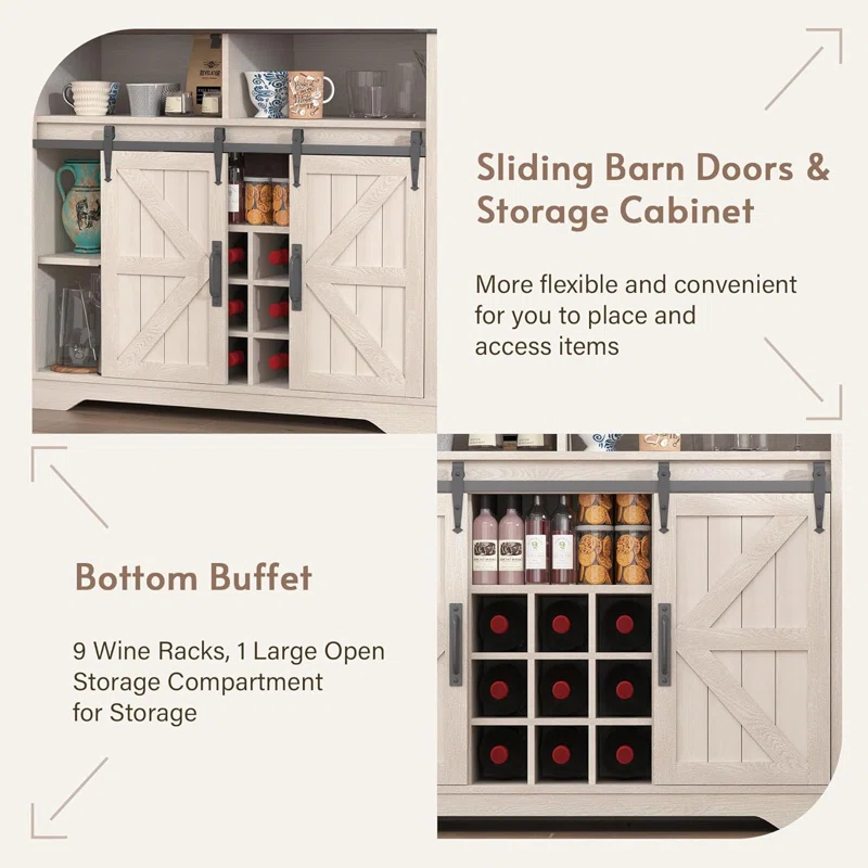 Gracie Oaks Coffee Bar Cabinet with Sliding Barn Door, Buffet Cabinet with Hutch, Kitchen Pantry Cabinet with Power Outlet & Lighting, Tall Liquor Chest for Home Dining Room, White