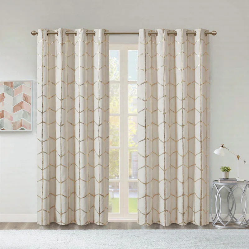 Everly Quinn Total Blackout Metallic Print Grommet Top Curtain Panel Pair (2 Pcs Window Panels)
