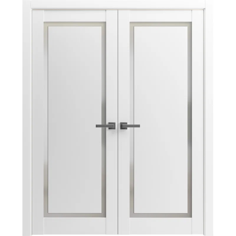 SARTODOORS Solid French Double Doors | Planum 0888 Painted White With Frosted Glass | Wood Solid Panel Frame Trims | Closet Bedroom Sturdy Doors