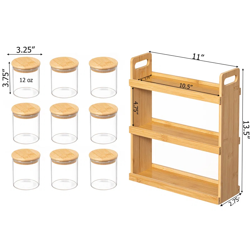 Rebrilliant Rebrilliant Versatile 3-tier Bamboo Spice Rack And Pantry Organizer With 9 Glass Jars – Perfect For Countertop Storage In Kitchens To Keep Seasoning Containers Neatly Displayed And Easily Accessible