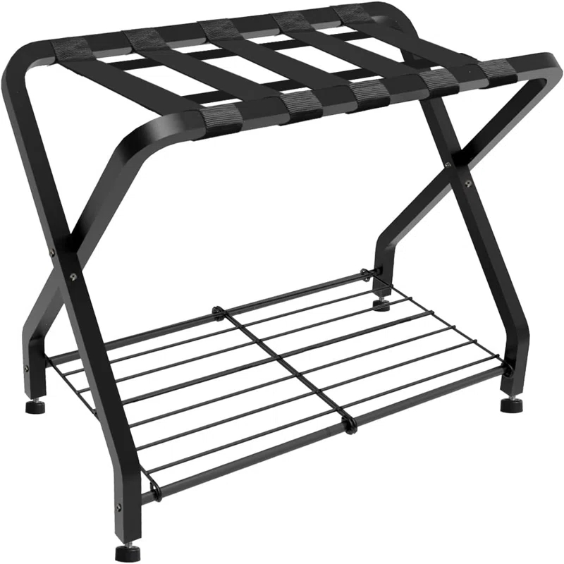 BINO Folding Luggage Rack With 2-Tiers Storage Shelf, Foldable Steel Frame Luggage Organizers For Suitcase, Metal Luggage Holder For Guest Room, Bedroom, Hotel, Closet, Black, 1Pack