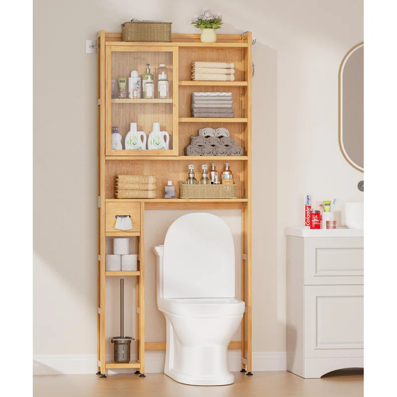 Latitude Run® Over The Toilet Storage Cabinet With Acrylic Door Panel And Paper Towel Drawer, Bamboo Space Saver Shelf, Bathroom Organizer Rack