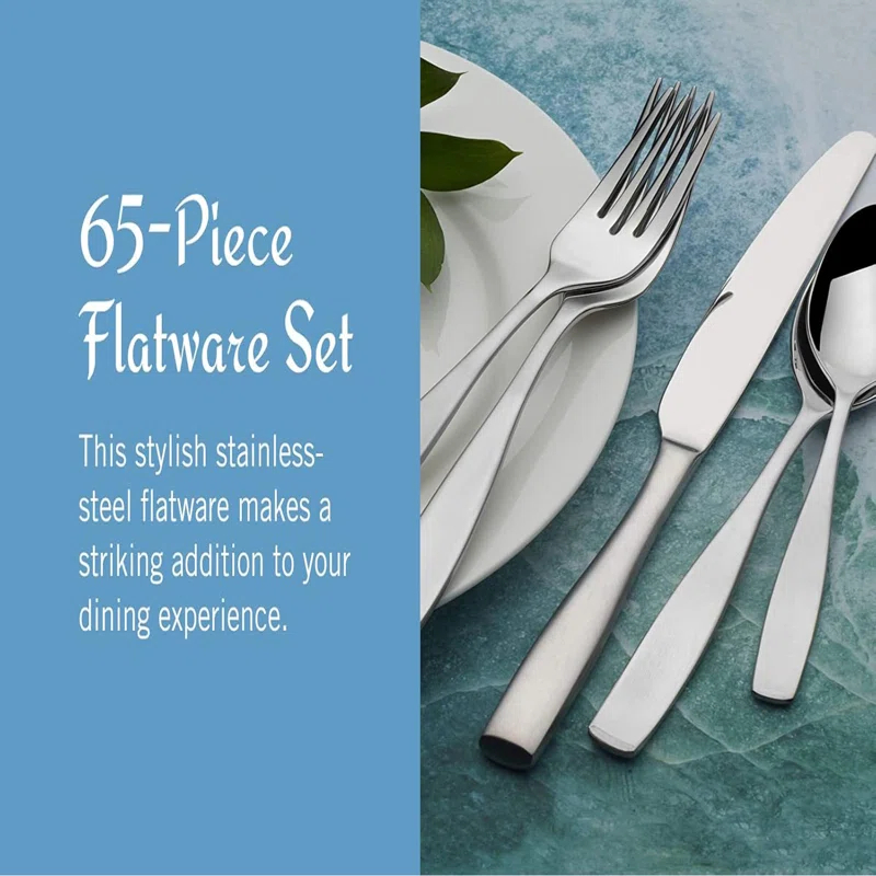 Hokku Designs Flatware Service for 12, 65 Piece Set, 18/10 Stainless Steel Silverware Set