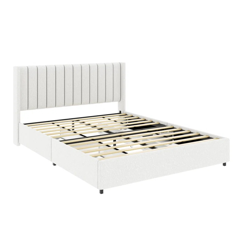 Latitude Run® Queen Size Ivory Boucle Bed Frame, Upholstered Platform Bed With 4 Drawers Storage, Tufted Headboard, Wooden Slat Mattress Support, No Box Spring Needed