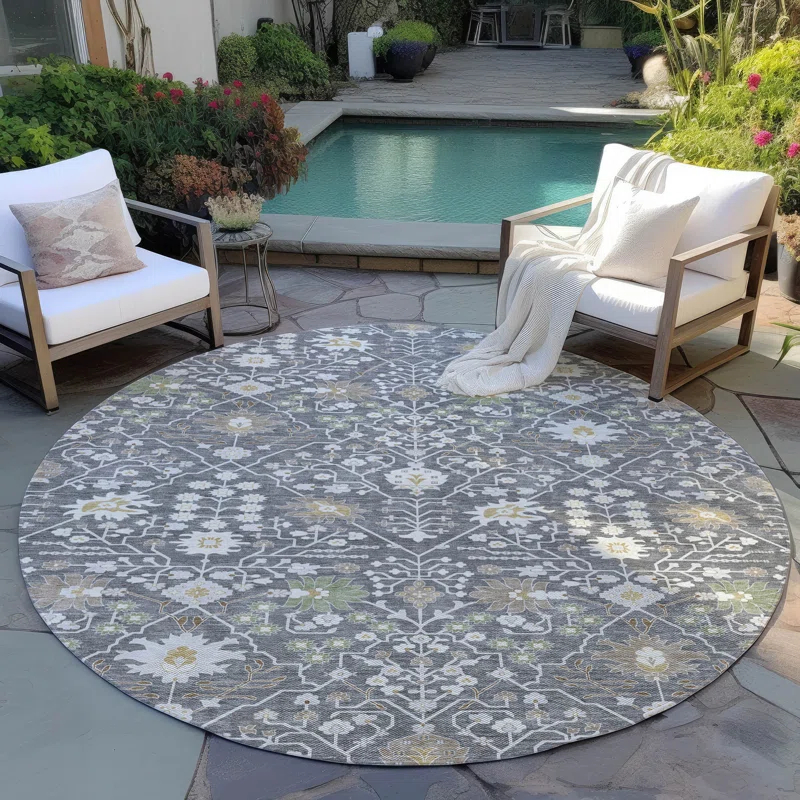 Machine Washable Indoor/Outdoor Chayden ACN1009 Charcoal 8' x 8' Round Rug