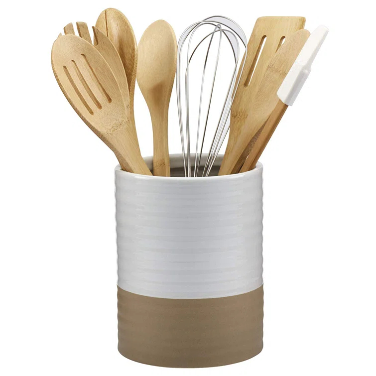 Basic Essentials Basic Essentials White Serveware 8 Piece Cooking Utensil Set with Utensil Crock