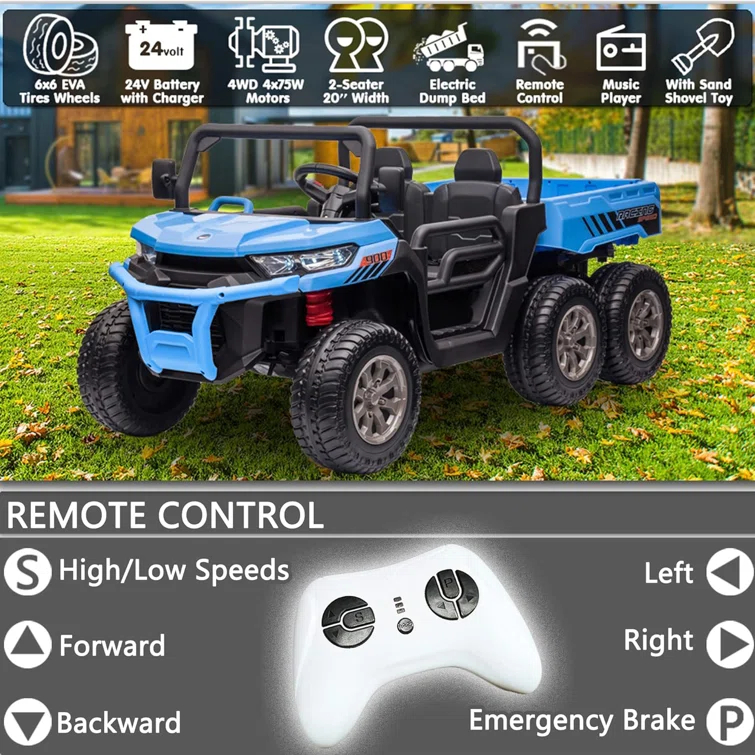 JOYRACER 24V 2 Seater Ride On Dump Truck with Remote Control , Electric UTV Car with Electric Dump Bed, 4WD Power Ride Cars W/6 Wheels Ride On Toys with Shovel Music Player