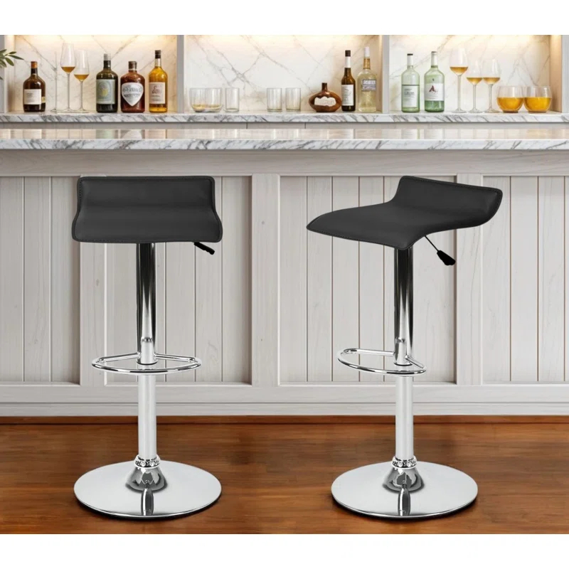 HomeRoots Set of Two Black and Silver Faux Leather and Metal Low Back Adjustable Height Swivel Bar Chairs | Wayfair