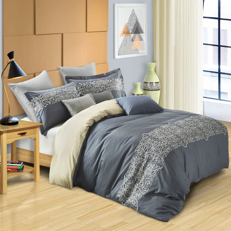 Superior Harrison Cotton Greek Key Embroidered 3 Piece Duvet Cover Set by Superior