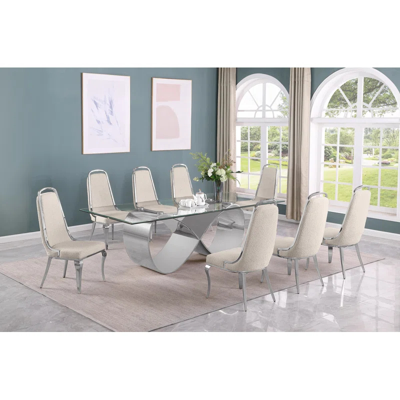 Rosdorf Park Tempered Glass Dining Set With Boucle Fabric Side Chairs