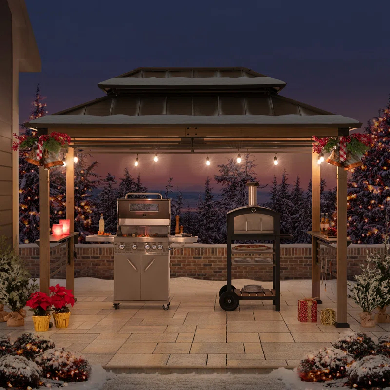 Sunjoy Sunjoy Wooden Grill Gazebo with AC Power Port, 8 x 12 ft. Steel Hardtop Outdoor Gazebo for Year-Round Grilling, Cedar Framed Gazebo with Built-in Electrical Outlets and Decorative Fence