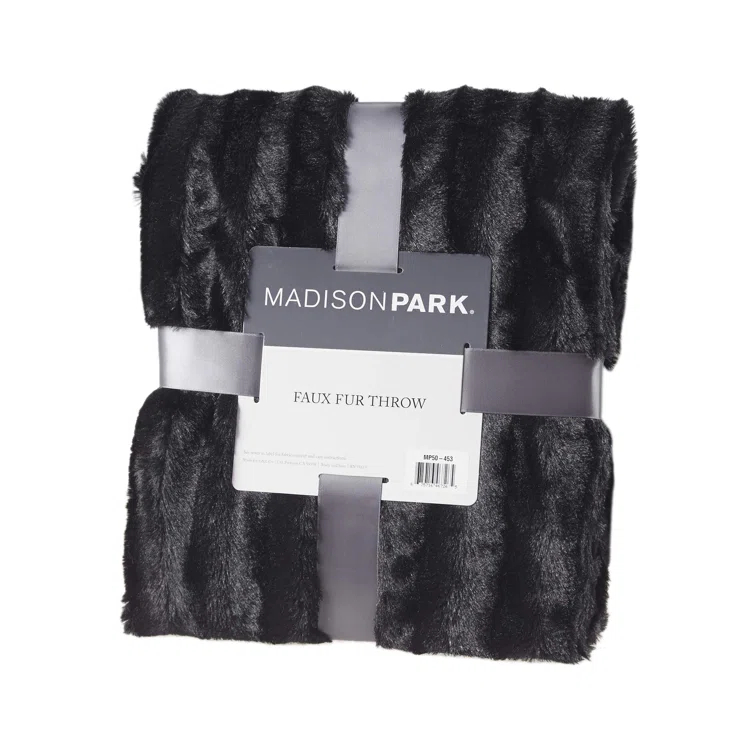 Madison Park Duke Black Long Fur Throw 50x60"