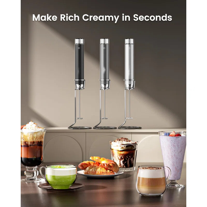 MODERN WALLS LLC Rechargeable Milk Frother With Stepless Speed Control, Handheld Electric Foam Maker Waterproof Drink Mixer Foamer With Stainless Steel Stand & Detachable Whisks For Lattes, Cappuccino