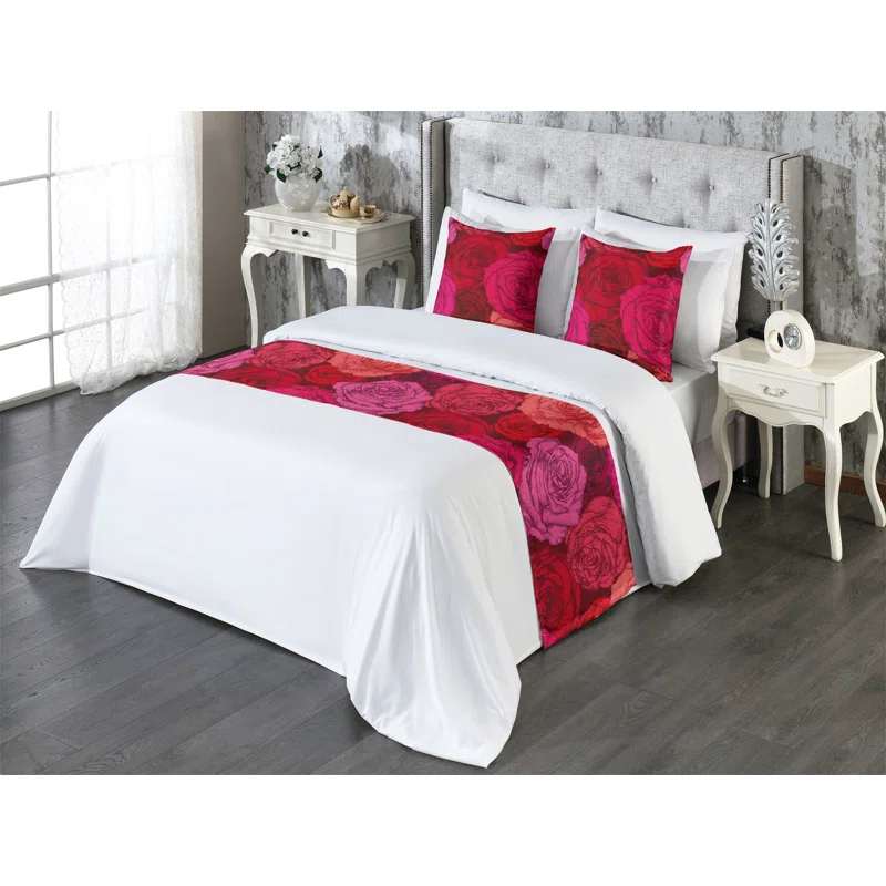 Ambesonne Ambesonne Rose Pattern Bed Runner Set Flowers Spring Boho Hot Pink Coral Maroon