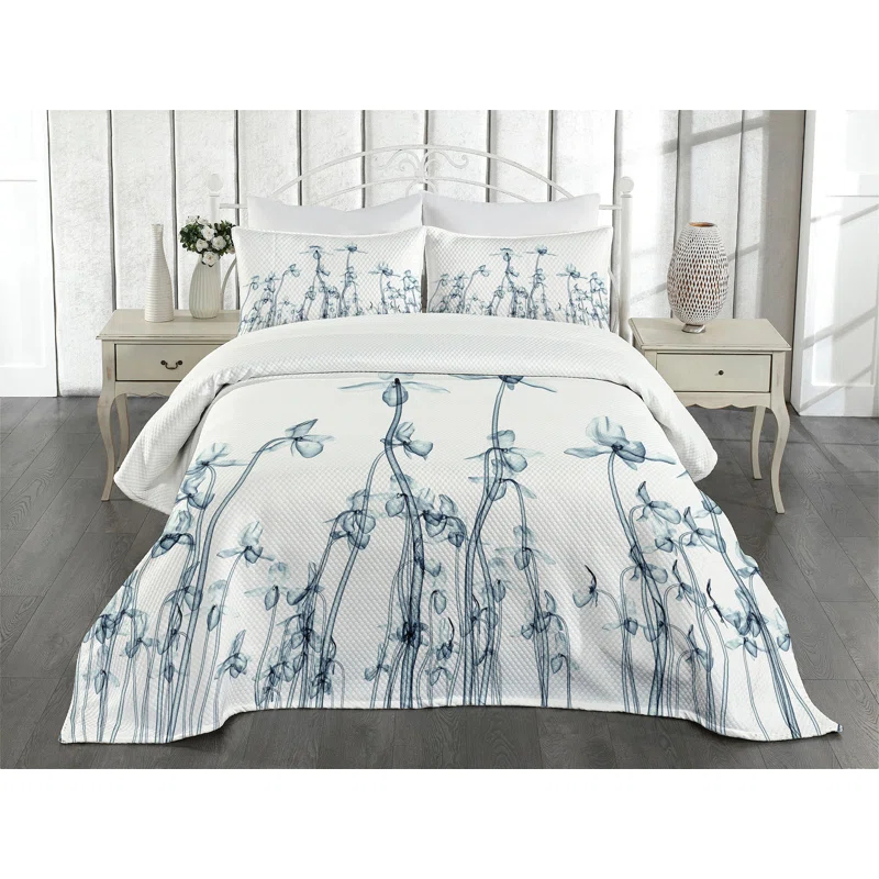 Ambesonne Ambesonne Teal White Bedspread Set Orchids Floral Photo Teal White