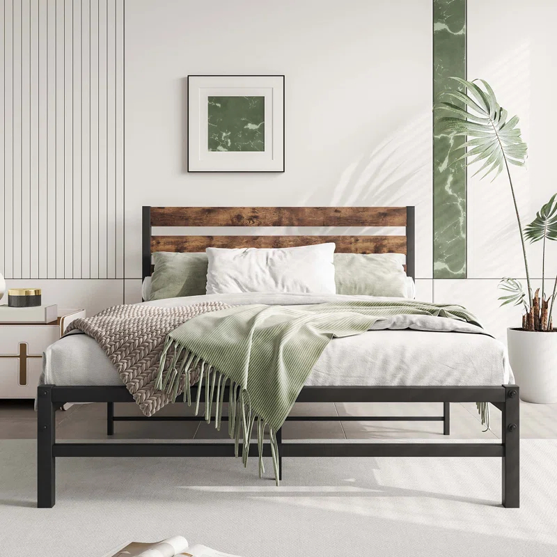 Full Size Platform Bed Frame with Rustic Vintage Wood Headboard,  No Box Spring Needed Rustic Brown