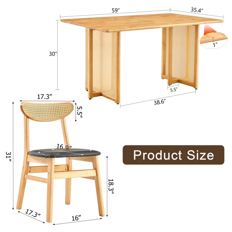 Corrigan Studio® Walshaw Table And Chair Set, Ancient Style Solid Wood Dining Table, Imitation Rattan Table Legs, Beautiful Simple Solid Wood Dining Chair, Perfect For Dinner, Meetings, Home And Office Decoration