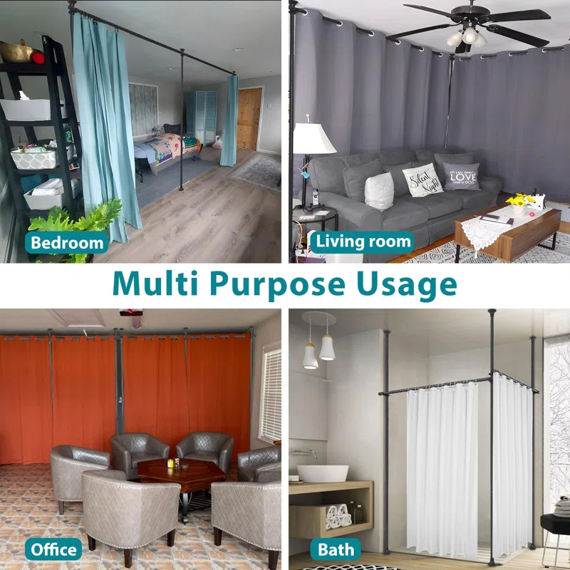 Rebrilliant Room Divider, No Drilling Curtain Rods Hanging Wall Divider For Room Separation, 120” Tall 114” Wide Adjustable Floor To Ceiling Partition Room Dividers, Heavy Duty Corner Room Divider Curtain Rods