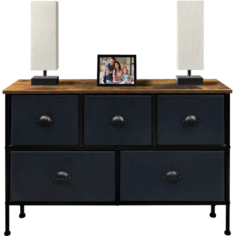 Sorbus Sorbus Dresser with 5 Drawers with Steel Frame, Wood Tops, and Fabric Bins in Black with Wood Top