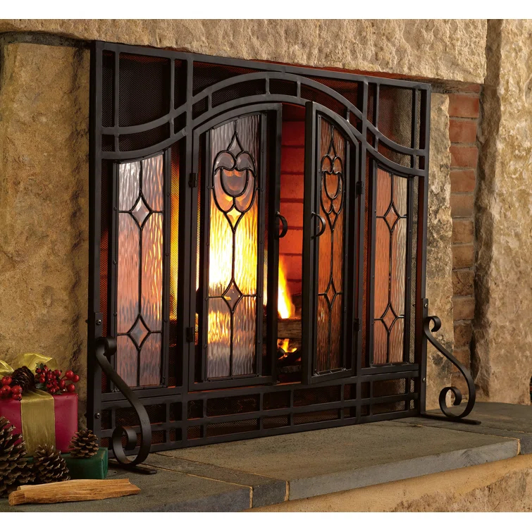 Plow & Hearth Two-Door Fireplace Screen with Tempered Glass Floral Panels