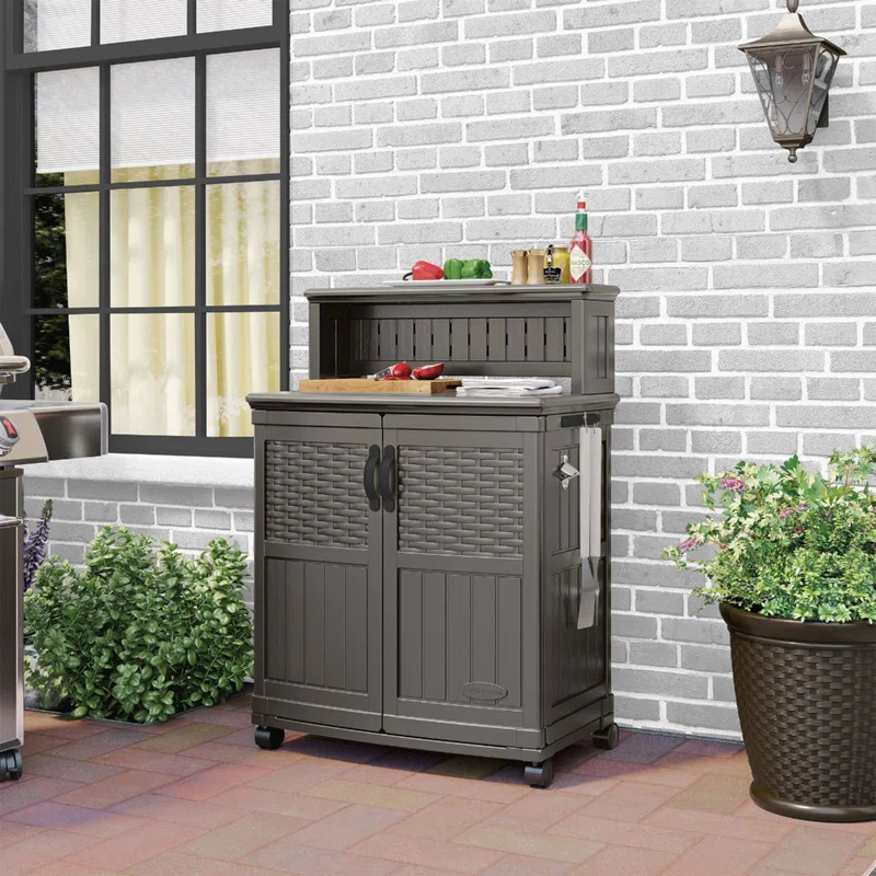 Suncast Patio Plastic Storage and Prep Station with Wicker Pattern, Stoney Gray