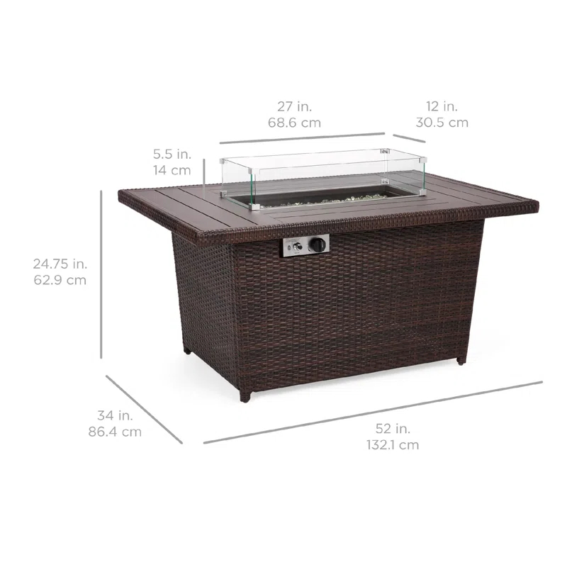Wicker Propane Fire Pit Table, 50,000 BTU W/ Glass Wind Guard, Cover - 52In
