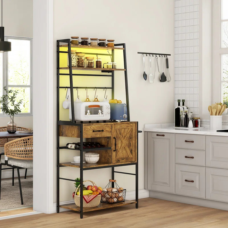 17 Stories Baker's Rack With Power Outlet And LED Lights Bar With Storage Shelves,Industrial Microwave Stand With Wine Bottle Rack,Drawer,Barn Door Cabinet