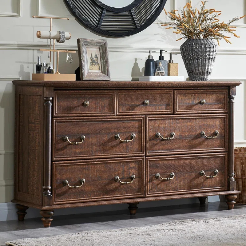OKD Ojaswi Farmhouse 7 - Drawer Dresser, Wood Rustic Dresser Chest of Drawers with 2 Size Drawers for Bedroom, Living Room