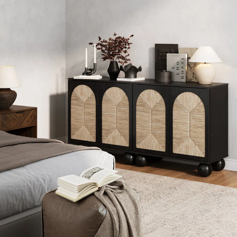 Nathan James Boho Storage Cabinet with Ball-Style Feet and Seagrass Door Panels
