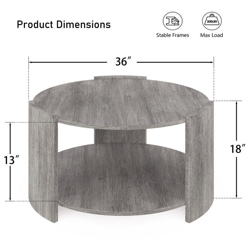 Michaelee Round Coffee Table, 36" Rustic Modern Circle Coffee Tables with 2 Tier Storage Shelf, Cocktail Table for Living Room Apartment