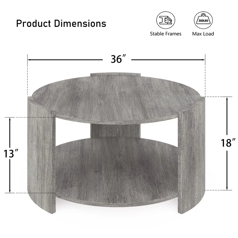 Michaelee Round Coffee Table, 36" Rustic Modern Circle Coffee Tables with 2 Tier Storage Shelf, Cocktail Table for Living Room Apartment
