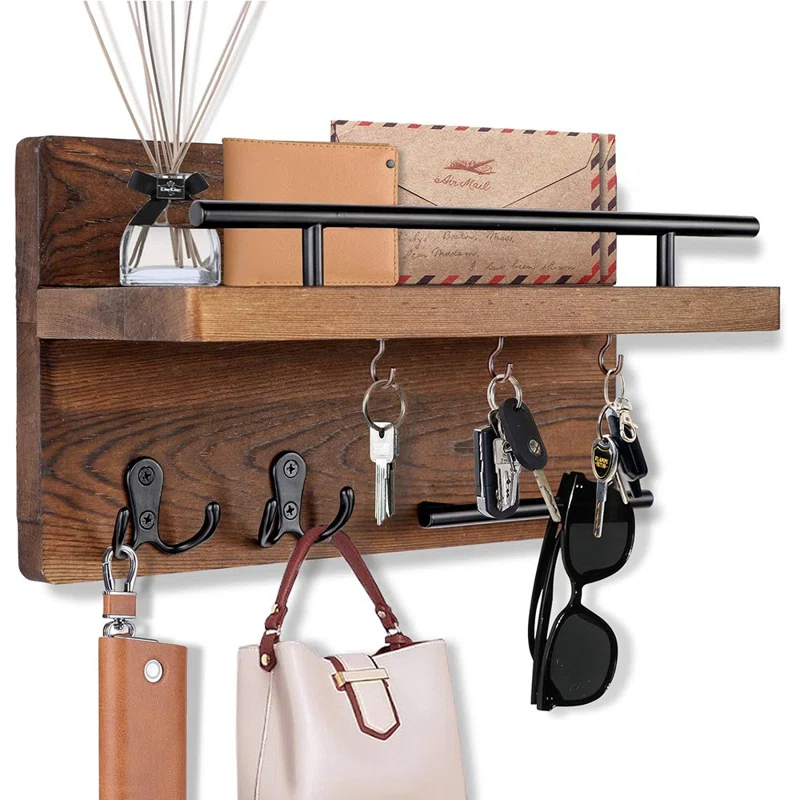 MAXAYA Mail Key Holder For Wall Decorative, Wooden Mail Organizer Wall Mount With 5 Key Hooks, Wood Key Hangers For Wall With Mail Key Rack, Rustic Mail Sorter For Entryway Office Hallway Home Decor