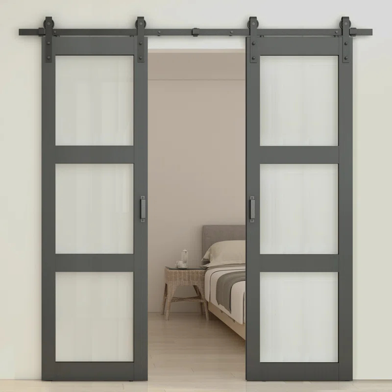Calhome 3-Lite Tempered Frosted Glass White Finished Composite Double Sliding Barn Door with Hardware Kit Handle