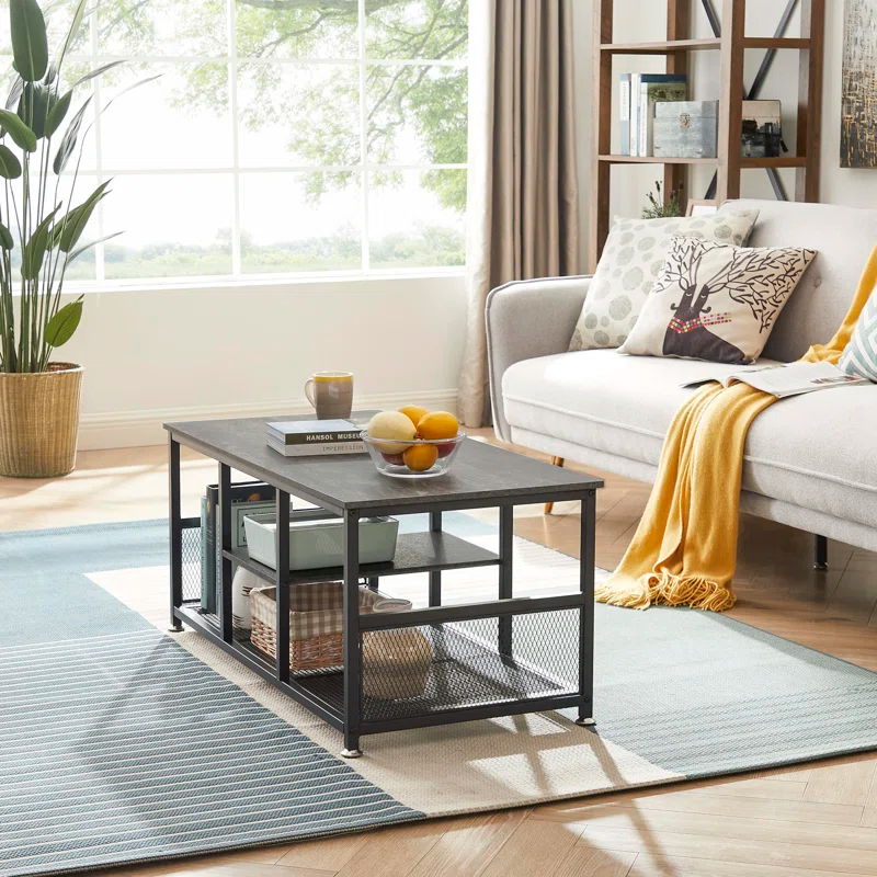 17 Stories Coffee Center Table With Storage For Living Room Office Reception, Industrial Mesh Shelf, 39.4 Inch,