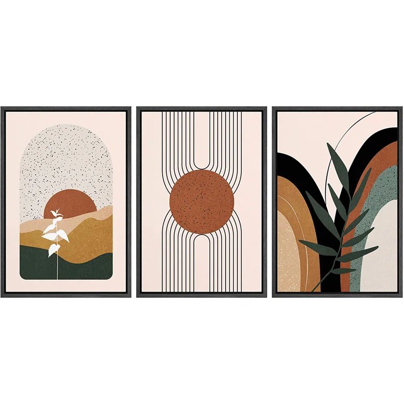 IDEA4WALL Mid Century Modern Boho IDEA4WALL Framed Canvas Print Wall Art Set Geometric Tropical Landscape Abstract Shapes Illustrations Minimalism Bohemian Decorative For Living Room, Bedroom, Office - 24"X36"X3 Natural