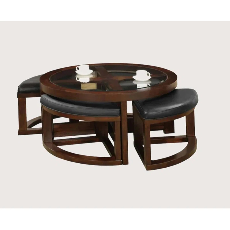 Hokku Designs Dark Walnut Coffee Table Glass Insert Top Ottoman Included Table Set Living Room Furniture