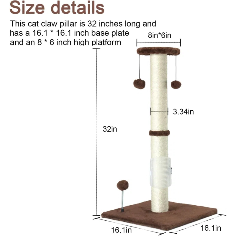 Tucker Murphy Pet™ 32" Tall Cat Scratching Post Sisal Rope Scratch Posts With Hanging Ball And Self-Massage Brush Vertical Scratcher For Indoor Cats And Kittens(Brown 32Inches)