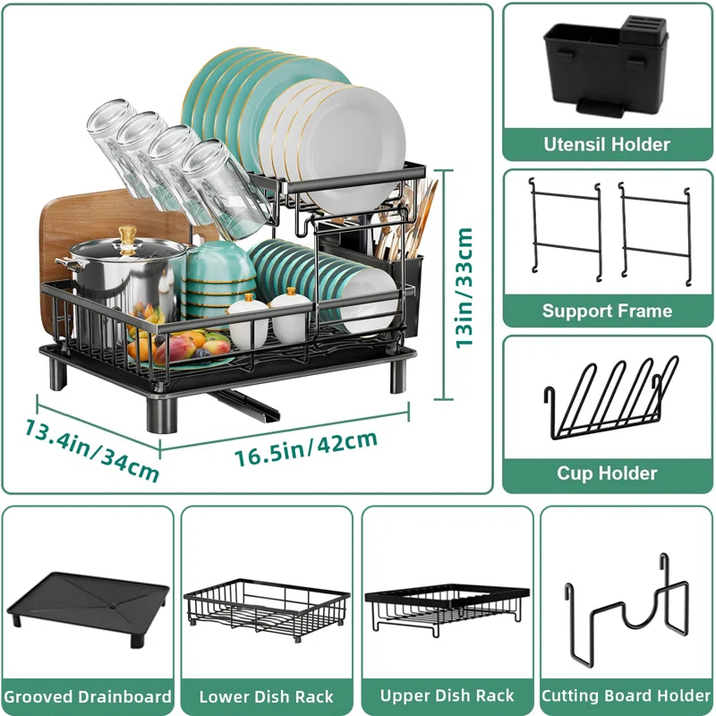 FODORL 2 Tier Dish Racks for Kitchen Counter,Large Capacity Detachable Dish Rack, Stainless Steel Rustproof Dish Drainer with Drainboard