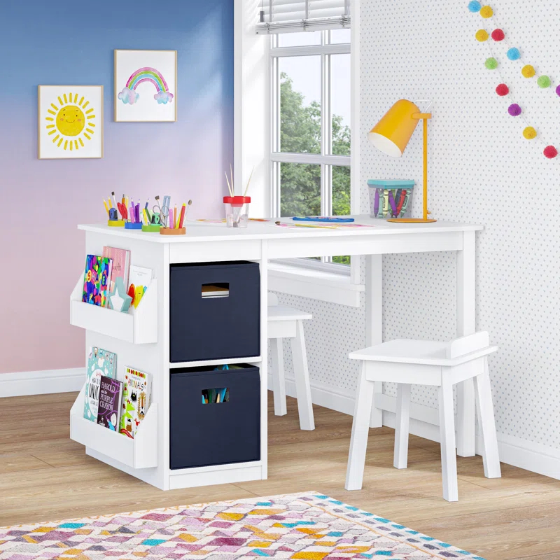 RiverRidge Kids Playroom Art Activity Table with 2 Cubbies and 2 Bookracks - White with 2 Chairs for Playroom, Nursery, and Daycare