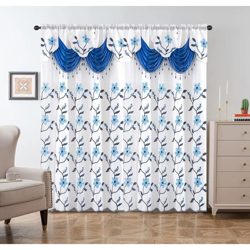 Red Barrel Studio® Embroidery Sheer Curtain 2 Panels Set Luxury Window Curtain Attached Valance With Satin Backing And 2 Tie Backs