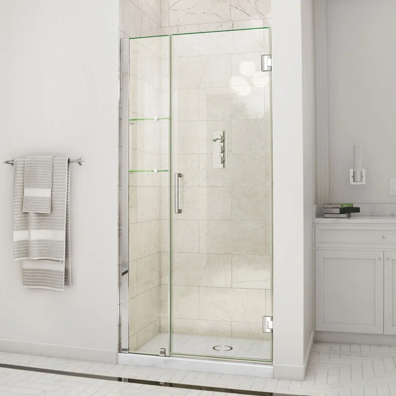 Unidoor Frameless Hinged Shower Door with Glass Shelves