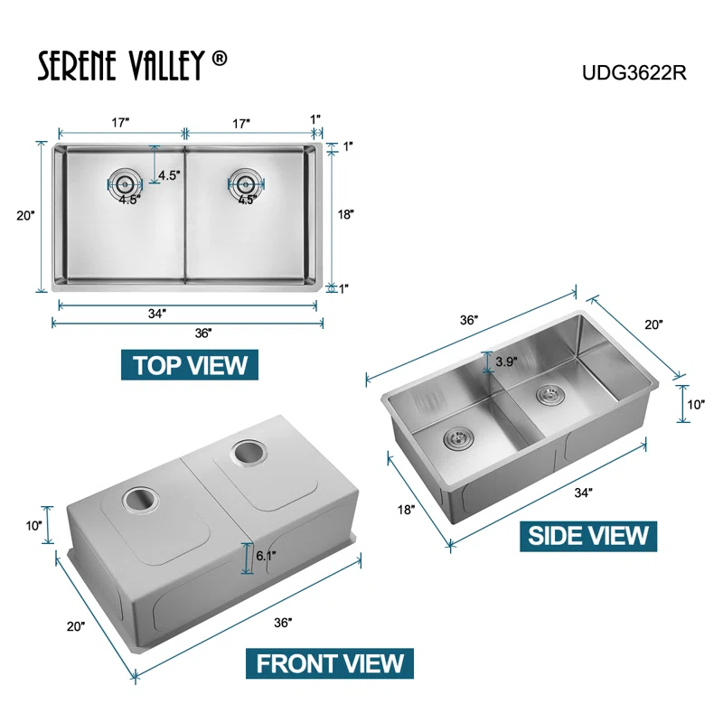 Serene Valley UDG3622R 36 in. Double Bowl Undermount Kitchen Sink, Thin Divider and Heavy-Duty Grids